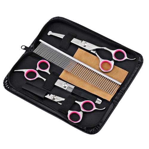 Freewindo Dog Grooming Scissors Kit with Safety Round Tip, Heavy Duty Stainless Steel Dog Scissors Set Include Straight, Curved, Thinning Scissors and Grooming Comb for Dog Cat Hair Care