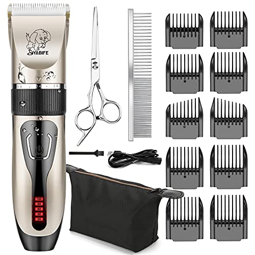 Yabife Dog Clippers, USB Rechargeable Cordless Dog Grooming Kit, Electric Pets Hair Trimmers Shaver Shears for Dogs and Cats, Quiet, Washable, with LED Display