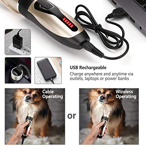 Yabife Dog Clippers, USB Rechargeable Cordless Dog Grooming Kit, Electric Pets Hair Trimmers Shaver Shears for Dogs and Cats, Quiet, Washable, with LED Display