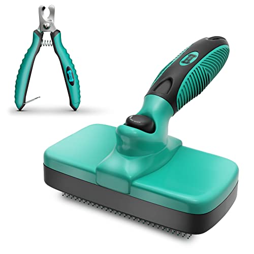 Ruff 'N Ruffus Self-Cleaning Slicker Brush + FREE Pet Nail Clippers + FREE 7.5" Steel Comb | UPGRADED PAIN-FREE BRISTLES | Cat Dog Brush Grooming Gently Reduces Shedding & Tangling For All Hair Types