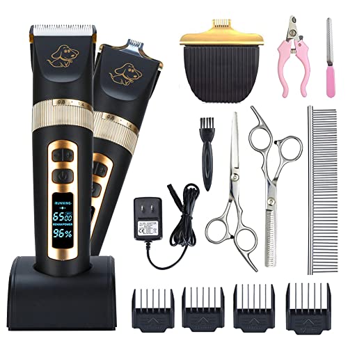 Otstar Professional Dog Grooming kit, 3 Speed Rechargeable Cordless Dog Clippers Low Noise Low Vibration, LED Screen Indicate Power/Lubricating/Cleaning
