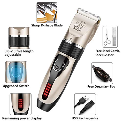 Yabife Dog Clippers, USB Rechargeable Cordless Dog Grooming Kit, Electric Pets Hair Trimmers Shaver Shears for Dogs and Cats, Quiet, Washable, with LED Display