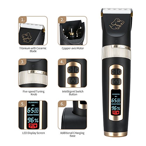 Otstar Professional Dog Grooming kit, 3 Speed Rechargeable Cordless Dog Clippers Low Noise Low Vibration, LED Screen Indicate Power/Lubricating/Cleaning