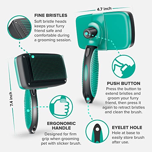 Ruff 'N Ruffus Self-Cleaning Slicker Brush + FREE Pet Nail Clippers + FREE 7.5" Steel Comb | UPGRADED PAIN-FREE BRISTLES | Cat Dog Brush Grooming Gently Reduces Shedding & Tangling For All Hair Types