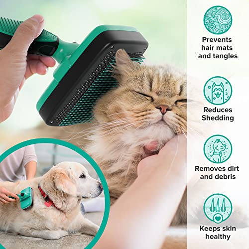 Ruff 'N Ruffus Self-Cleaning Slicker Brush + FREE Pet Nail Clippers + FREE 7.5" Steel Comb | UPGRADED PAIN-FREE BRISTLES | Cat Dog Brush Grooming Gently Reduces Shedding & Tangling For All Hair Types