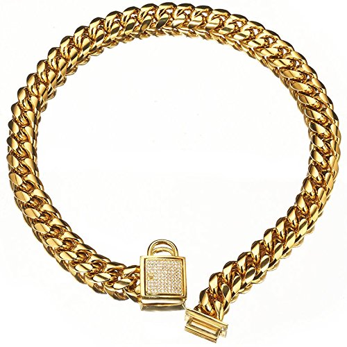 Luxury Dog Collar 18K Gold Small Metal 14mm Studded Buckle Collar Cuban Link with Zirconia Lock Designer Miami Necklace Chain Locking Collar (12 inch)