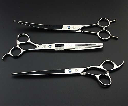 Purple Dragon 8 inch 3 in 1 Professional Pet Grooming Thinning Scissors - Upward Curved Shears and Dog Hair Cutting Scissor - Perfect for Pet Groomer or Family DIY Use (Silver)