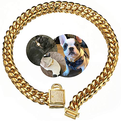 Designer Dog Collar Gold Metal Stainless Steel with Zirconia Lock 14mm 18K Gold Big Dog Luxury Training Collar Cuban Lock Link Necklace Chain (16 inch(for 13.6-15.5" Neck), Gold)
