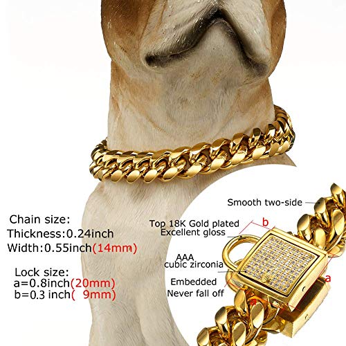 Designer Dog Collar Gold Metal Stainless Steel with Zirconia Lock 14mm 18K Gold Big Dog Luxury Training Collar Cuban Lock Link Necklace Chain (16 inch(for 13.6-15.5" Neck), Gold)