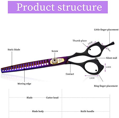 Dream Reach 7.0 inches Professional Decompressed Elastic Handle Pet Grooming Scissors Set,Straight & Chunker & 2 Curved Scissors 4pcs Set for Dog Grooming (Purple) (Chunker Scissor)