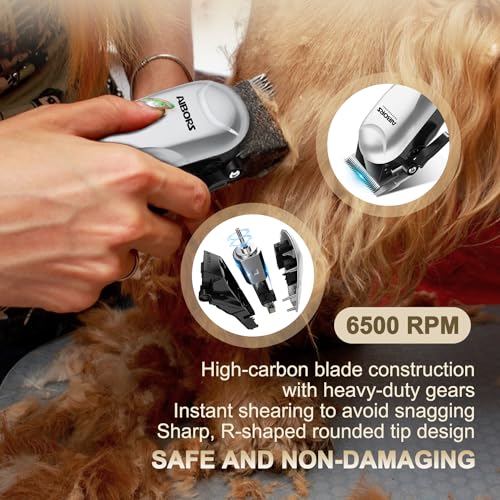 AIBORS Dog Clippers for Grooming for Thick Coats Heavy Duty Low Noise Rechargeable Cordless Pet Hair Grooming Clippers, Professional Dog Grooming Kit Dog Trimmer Shaver for Dogs Cats Pets (Silver)