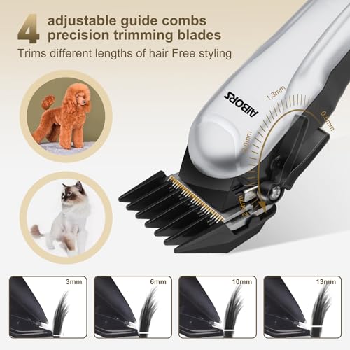 AIBORS Dog Clippers for Grooming for Thick Coats Heavy Duty Low Noise Rechargeable Cordless Pet Hair Grooming Clippers, Professional Dog Grooming Kit Dog Trimmer Shaver for Dogs Cats Pets (Silver)