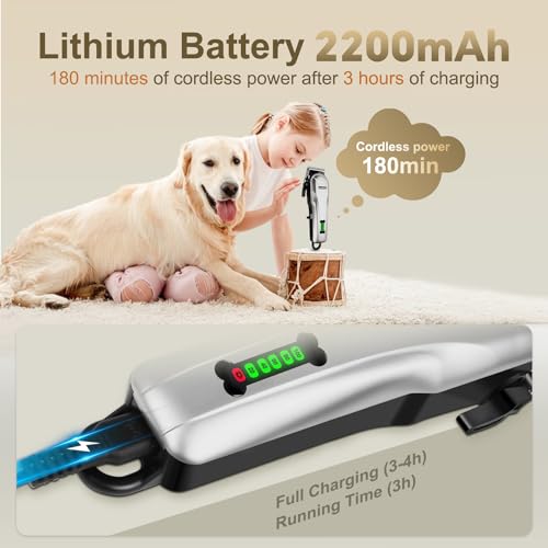 AIBORS Dog Clippers for Grooming for Thick Coats Heavy Duty Low Noise Rechargeable Cordless Pet Hair Grooming Clippers, Professional Dog Grooming Kit Dog Trimmer Shaver for Dogs Cats Pets (Silver)