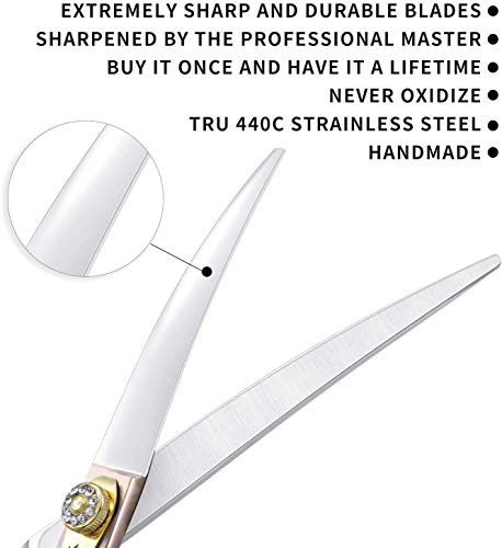 7 Inches Professional Pet Grooming Scissors, 440C Japanese Steel Straight & Curved & Thinning & Chunker Shears/Scissors for Dog Cat and More Pets (7 inch-Curved Scissors)