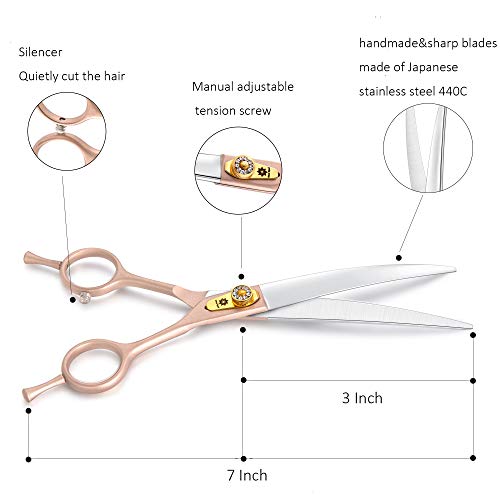 7 Inches Professional Pet Grooming Scissors, 440C Japanese Steel Straight & Curved & Thinning & Chunker Shears/Scissors for Dog Cat and More Pets (7 inch-Curved Scissors)