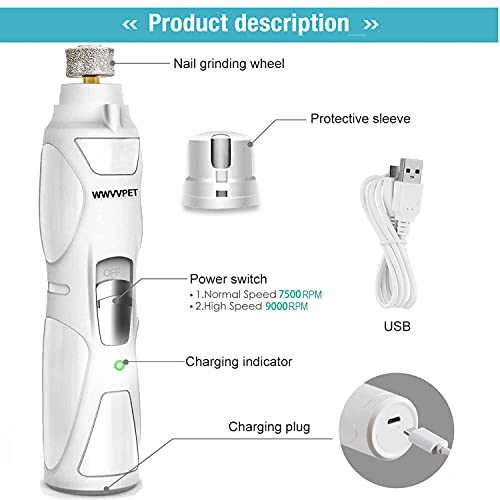 WWVVPET Pet Nail Grinder, More Powerful Dog Nail Clipper, Electric Nail Trimmer, Painless Paw Claw Care, Quiet Rechargeable Grooming Tool for L/M/S Dog/Cat/Bird (2021 Upgraded)