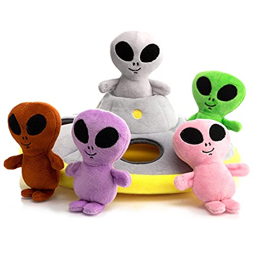 Hollypet Designed Interactive Squeaky Puzzle Plush Hide and Seek Dog Puppy Toy, Spaceship (appx.10.5" W X 5" H Spaceship + 5 Aliens)