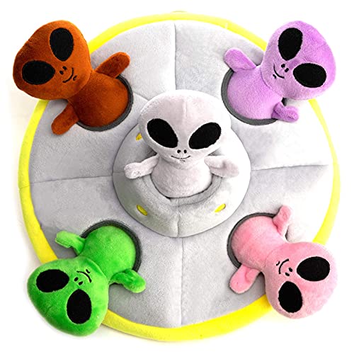 Hollypet Designed Interactive Squeaky Puzzle Plush Hide and Seek Dog Puppy Toy, Spaceship (appx.10.5" W X 5" H Spaceship + 5 Aliens)