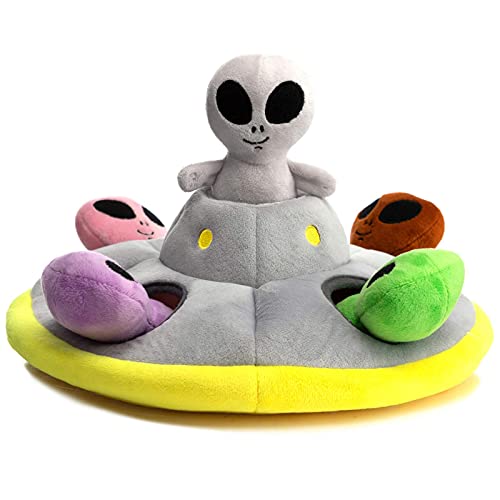 Hollypet Designed Interactive Squeaky Puzzle Plush Hide and Seek Dog Puppy Toy, Spaceship (appx.10.5" W X 5" H Spaceship + 5 Aliens)