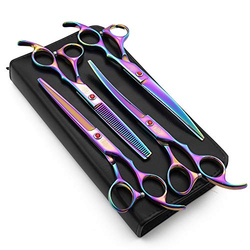 Moontay Professional 7.0" Dog Grooming Scissors Set, 4-pieces Straight, Upward Curved, Downward Curved, Thinning/Blending Shears for Dog, Cat and Pets, JP Stainless Steel, Multicolour