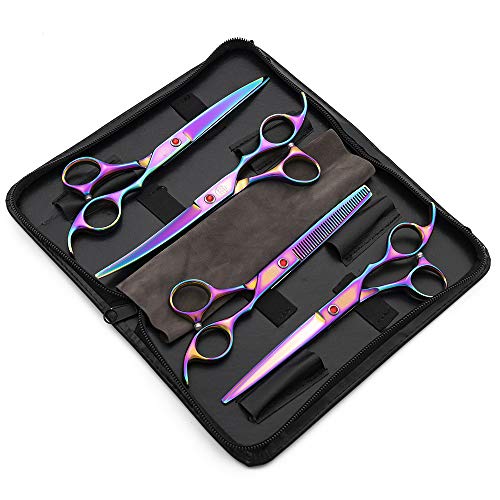 Moontay Professional 7.0" Dog Grooming Scissors Set, 4-pieces Straight, Upward Curved, Downward Curved, Thinning/Blending Shears for Dog, Cat and Pets, JP Stainless Steel, Multicolour