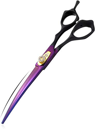 Dream Reach 7.0 inches Professional Decompressed Elastic Handle Pet Grooming Scissors Set,Straight & Chunker & 2 Curved Scissors 4pcs Set for Dog Grooming (Purple) (Down-Curved Scissor)