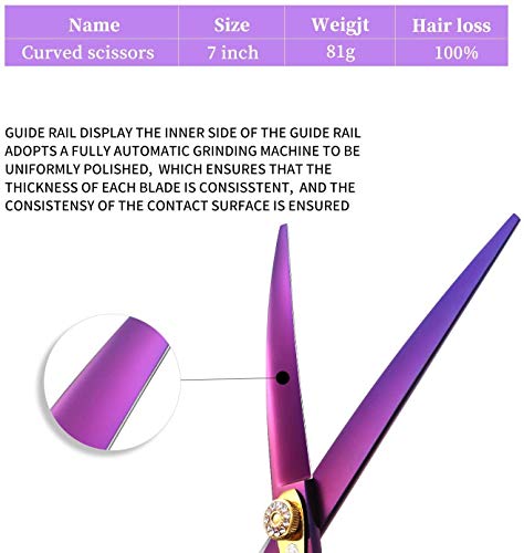 Dream Reach 7.0 inches Professional Decompressed Elastic Handle Pet Grooming Scissors Set,Straight & Chunker & 2 Curved Scissors 4pcs Set for Dog Grooming (Purple) (Down-Curved Scissor)