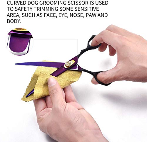 Dream Reach 7.0 inches Professional Decompressed Elastic Handle Pet Grooming Scissors Set,Straight & Chunker & 2 Curved Scissors 4pcs Set for Dog Grooming (Purple) (Down-Curved Scissor)