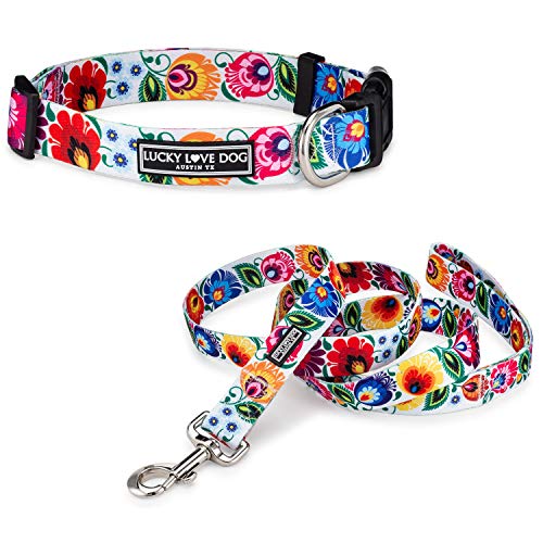 Lucky Love Dog Combo Set, Floral Dog Collar and Leash Set for Small Dogs, Cute Girl Matching Collar & Leash Set, Part of Purchase Donated to Rescue (Ladybird Combo, Small)