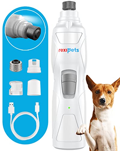 Rexipets Dog Nail Grinder Clipper - Professional LED Rechargeable Electric Pet Nail Trimmer - Painless Paws Grooming & Smoothing - Quiet 2-Speed Motor - 3 Size Ports For Small Medium Large Dogs & Cats