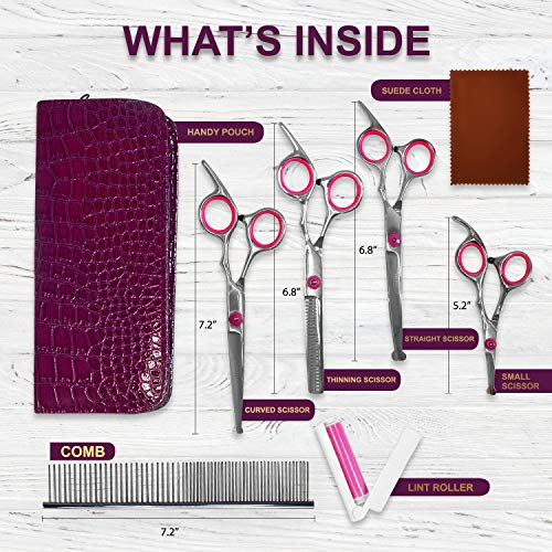 Jecudi Dog Grooming Scissors With Safety Round Tips, 7 In 1 Pet Grooming Scissors Set, Pet Cutting Scissors Kit With Thinning, Straight, Curved Shears & Comb, Lint roller, For Long Or Short Hair