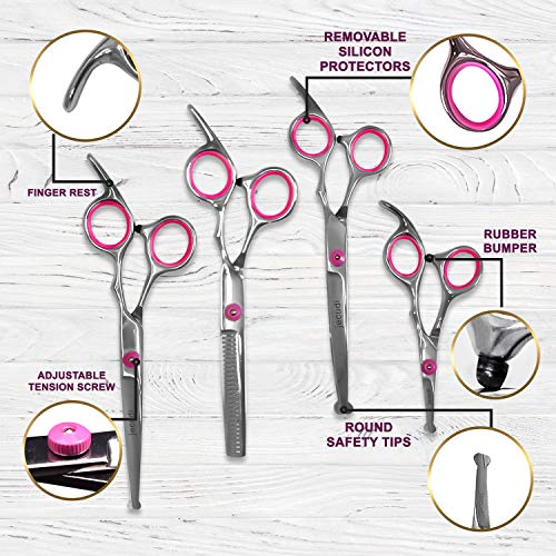 Jecudi Dog Grooming Scissors With Safety Round Tips, 7 In 1 Pet Grooming Scissors Set, Pet Cutting Scissors Kit With Thinning, Straight, Curved Shears & Comb, Lint roller, For Long Or Short Hair
