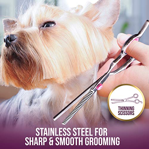Jecudi Dog Grooming Scissors With Safety Round Tips, 7 In 1 Pet Grooming Scissors Set, Pet Cutting Scissors Kit With Thinning, Straight, Curved Shears & Comb, Lint roller, For Long Or Short Hair