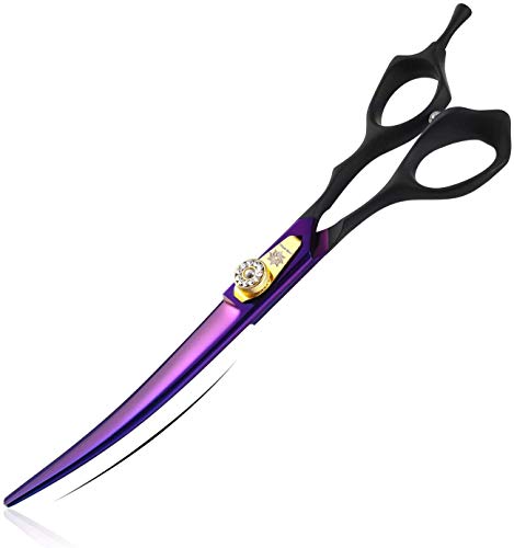 Dream Reach 7.0 inches Professional Decompressed Elastic Handle Pet Grooming Scissors Set,Straight & Chunker & 2 Curved Scissors 4pcs Set for Dog Grooming (Purple) (Up-Curved Scissor)