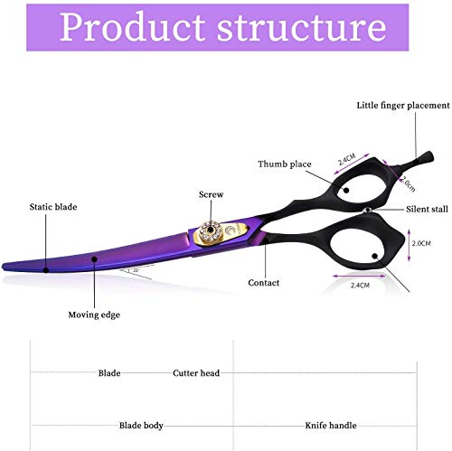 Dream Reach 7.0 inches Professional Decompressed Elastic Handle Pet Grooming Scissors Set,Straight & Chunker & 2 Curved Scissors 4pcs Set for Dog Grooming (Purple) (Up-Curved Scissor)