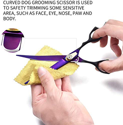 Dream Reach 7.0 inches Professional Decompressed Elastic Handle Pet Grooming Scissors Set,Straight & Chunker & 2 Curved Scissors 4pcs Set for Dog Grooming (Purple) (Up-Curved Scissor)