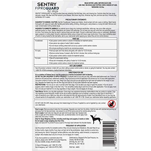 SENTRY Fiproguard for Dogs, Flea and Tick Prevention for Dogs (5-22 Pounds), Includes 3 Month Supply of Topical Flea Treatments
