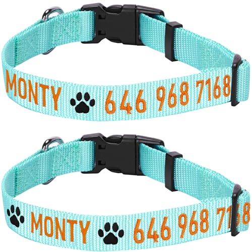 Blueberry Pet Essentials Personalized Dog Collar, Mint Blue, Large, Adjustable Customized ID Collars for Large Dogs Embroidered with Pet Name & Phone Number