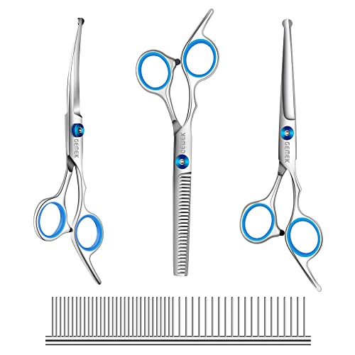 GEMEK Professional Grooming Scissors for Dogs with Safety Round Tips, Dog Grooming Scissors Set - Thinning, Straight, Curved Shears and Comb for Long Short Hair for Dog Cat Pet (Blue-5 in 1)