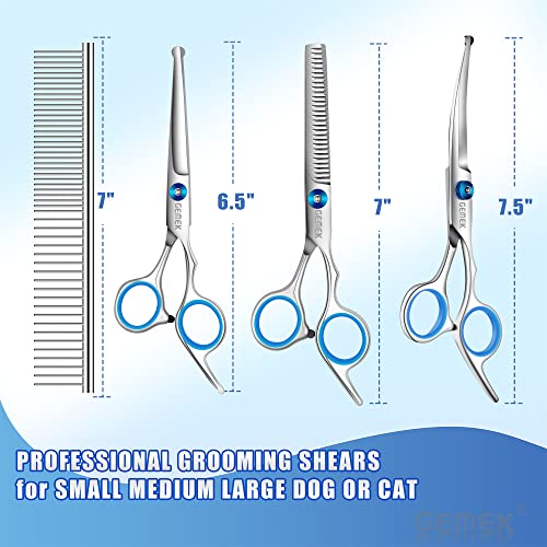 GEMEK Professional Grooming Scissors for Dogs with Safety Round Tips, Dog Grooming Scissors Set - Thinning, Straight, Curved Shears and Comb for Long Short Hair for Dog Cat Pet (Blue-5 in 1)