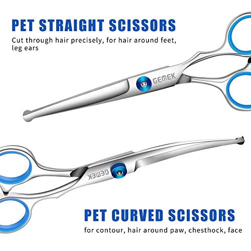 GEMEK Professional Grooming Scissors for Dogs with Safety Round Tips, Dog Grooming Scissors Set - Thinning, Straight, Curved Shears and Comb for Long Short Hair for Dog Cat Pet (Blue-5 in 1)