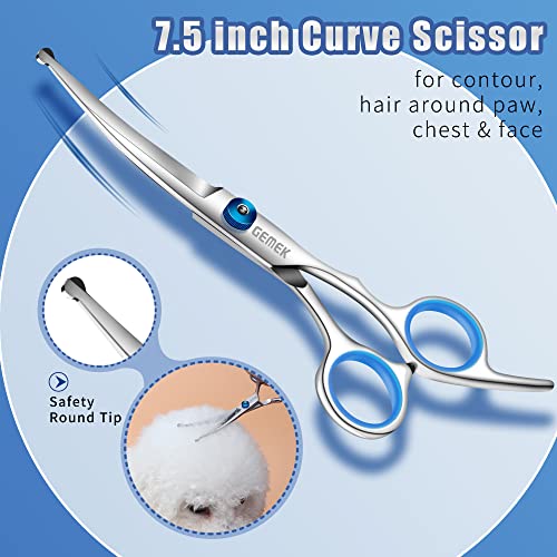 GEMEK Professional Grooming Scissors for Dogs with Safety Round Tips, Dog Grooming Scissors Set - Thinning, Straight, Curved Shears and Comb for Long Short Hair for Dog Cat Pet (Blue-5 in 1)