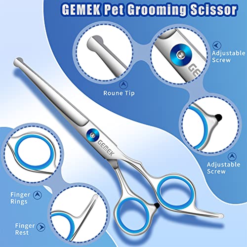 GEMEK Professional Grooming Scissors for Dogs with Safety Round Tips, Dog Grooming Scissors Set - Thinning, Straight, Curved Shears and Comb for Long Short Hair for Dog Cat Pet (Blue-5 in 1)