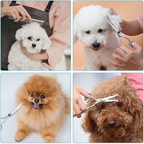 GEMEK Professional Grooming Scissors for Dogs with Safety Round Tips, Dog Grooming Scissors Set - Thinning, Straight, Curved Shears and Comb for Long Short Hair for Dog Cat Pet (Blue-5 in 1)