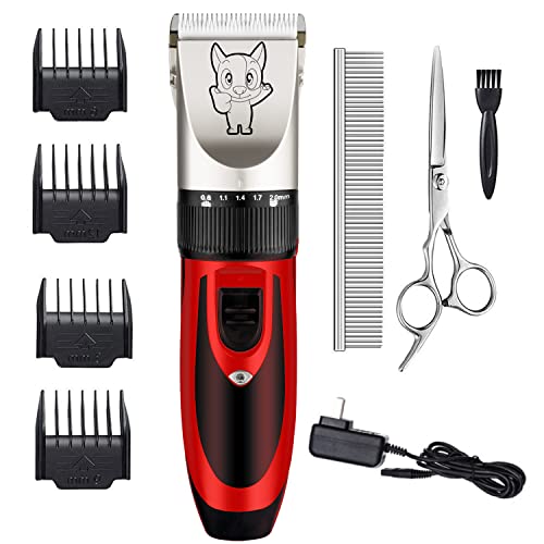 Dog Grooming Kit Clippers, Low Noise, Electric Quiet, Rechargeable, Cordless, Pet Hair Thick Coats Clippers Trimmers Set, Suitable for Dogs, Cats, and Other Pets(Red)