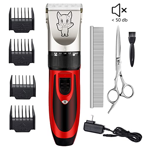Dog Grooming Kit Clippers, Low Noise, Electric Quiet, Rechargeable, Cordless, Pet Hair Thick Coats Clippers Trimmers Set, Suitable for Dogs, Cats, and Other Pets(Red)
