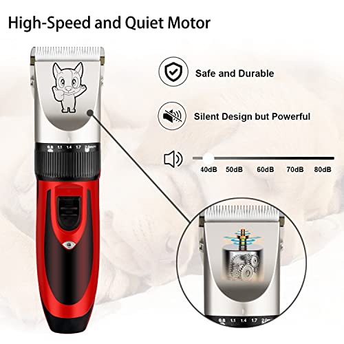 Dog Grooming Kit Clippers, Low Noise, Electric Quiet, Rechargeable, Cordless, Pet Hair Thick Coats Clippers Trimmers Set, Suitable for Dogs, Cats, and Other Pets(Red)