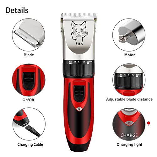Dog Grooming Kit Clippers, Low Noise, Electric Quiet, Rechargeable, Cordless, Pet Hair Thick Coats Clippers Trimmers Set, Suitable for Dogs, Cats, and Other Pets(Red)