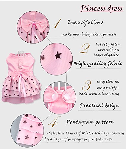 Hdwk&Hped Dog Dress with Leash Ring, Princess Multi-Layer Pleated Skirt Pentagram Bow Pet Dress for Small Dog Puppy Cat Pink #3