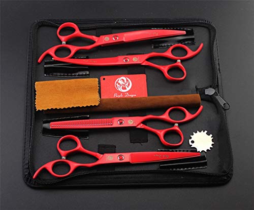 Purple Dragon Professional 7.0 inch 4PCS Pet Grooming Scissors Kit Japan Premium Steel Straight & Curved & Thinning Blade Dog Hair Cutting Shears Set with Case